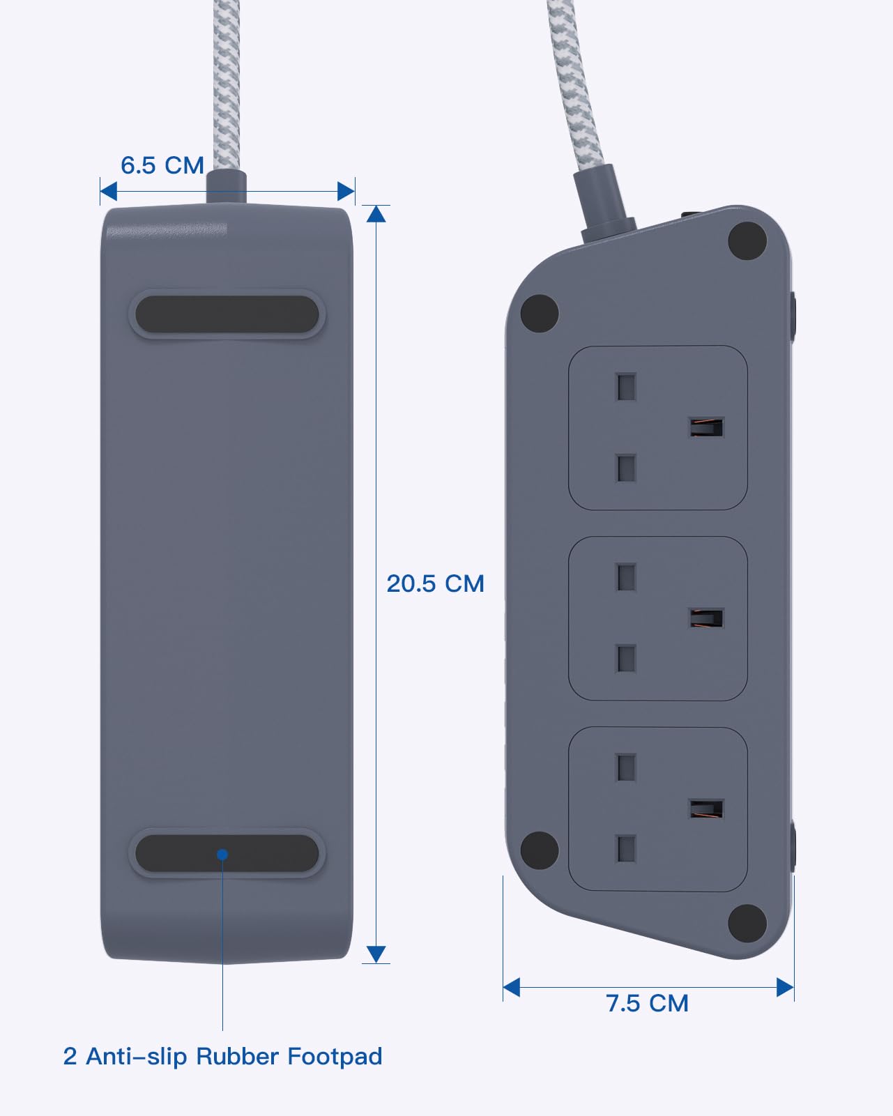 Black Extension Lead with USB Slots，6 Way Outlets 5 USB(5A, 1 USB- C and 4 USB-A Port) with 1.6M Braided Extension cord, 3250W Overload Protection，Security Surge Protection Plug Extension Socket