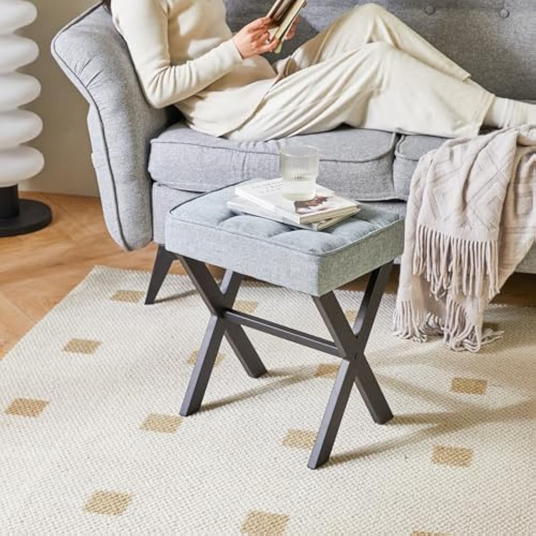 IBUYKE Square Makeup Stool with X-Leg Foot Rest, Linen Footrest Stool, Ottoman Seat Vanity Stool, Multi-Use as Small Side Table, for Bedroom, Living Room, Blue Gray L/G-70L