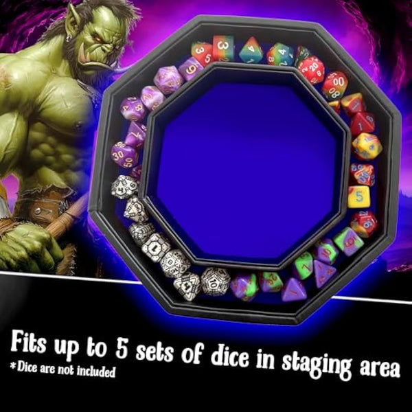 Fantasydice- BLUE - War Unicron- Dice Tray 20CM Octagon with Lid and Dice Staging Area- Holds 5 Sets of Dice(7 / Sta