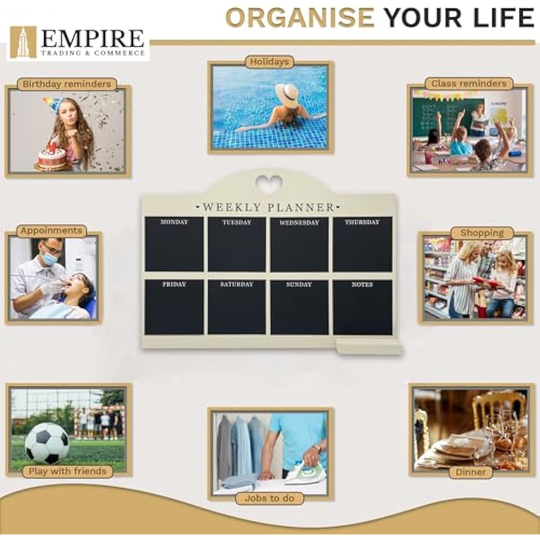 Empire Weekly Planner and Menu Board for Kitchen, Work Planner Blackboard, Wall Mounted Daily Planner with a Pen, to Do List, Dry Erase Meal Planner with White Cloth for Office & Home (Large, Cream)