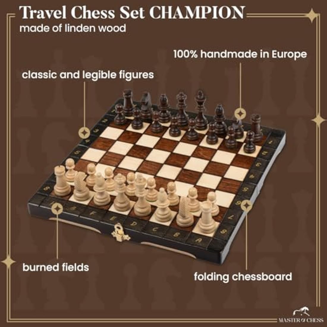 Master of Chess Tournament Wooden Chess Set with Pieces “CHAMPION” 29 cm / 11 in - Handcrafted Portable and Small Chess Board Game for Adults and Kids