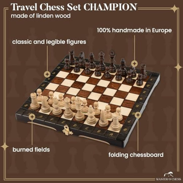 Master of Chess Tournament Wooden Chess Set with Pieces “CHAMPION” 29 cm / 11 in - Handcrafted Portable and Small Chess Board Game for Adults and Kids