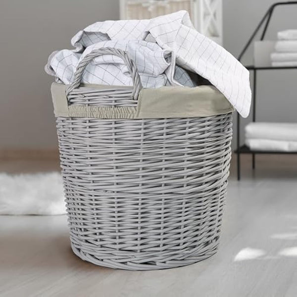 Home Storage Grey Painted Round Wicker Basket Laundry Toys Baby Nursery Collection Box (Medium)