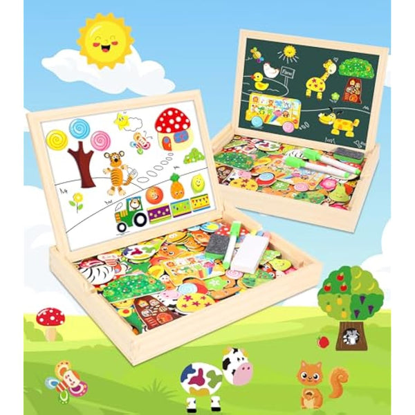 Jojoin 130 PCS Wooden Magnetic Puzzle - New Magnetic Puzzle Board - Cute Animal Fruit Pattern Games Double Sided Jigsaw - Montessori Educational Toys Gift for 3 4 5 Year Old Boys Girls
