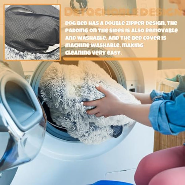 SUOXU Hooded with Supports Dog Bed,Deluxe Plush Dog Cave Bed for Medium Small Dogs, Warming Cozy Soft Faux Fur Donut Calming Anti-Anxiety Pet Bed,Removable Washable Cover and Anti Slip (Grey)