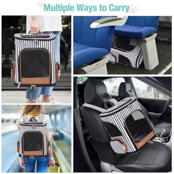 Lekesky Expandable Cat Carrier Backpack - Portable Breathable Rucksack for Medium and Small Cats & Dogs, Foldable with Inner Escape-proof Leash and Pet Mat, Supports 20 lbs (Striped)