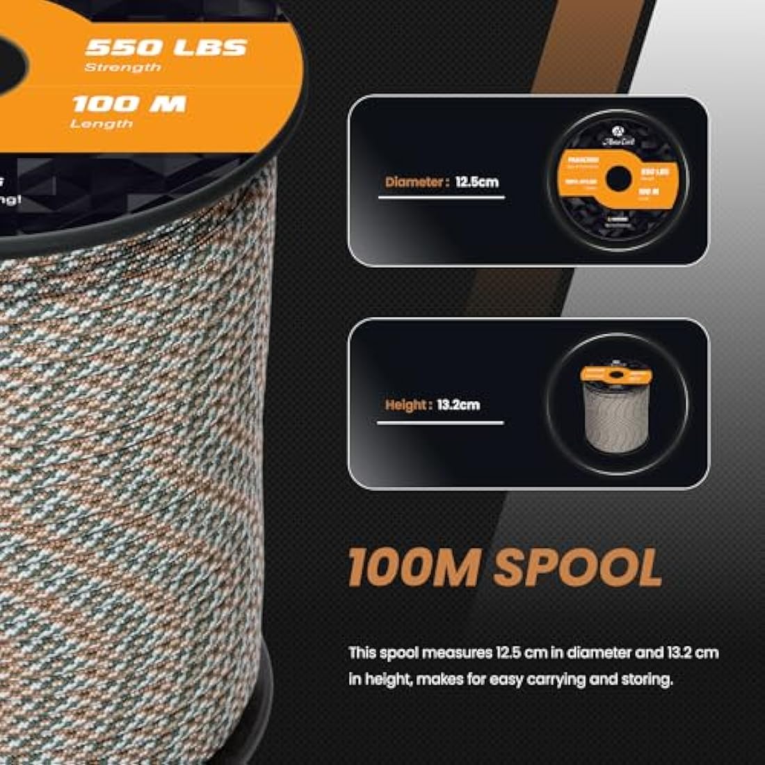 Abma Cord Paracord 550 4mm 100m 100% Nylon Rope Type III 7 Strands Parachute Cord for DIY, Camping, Survival, Outdoor - Max. 250kg - Honor