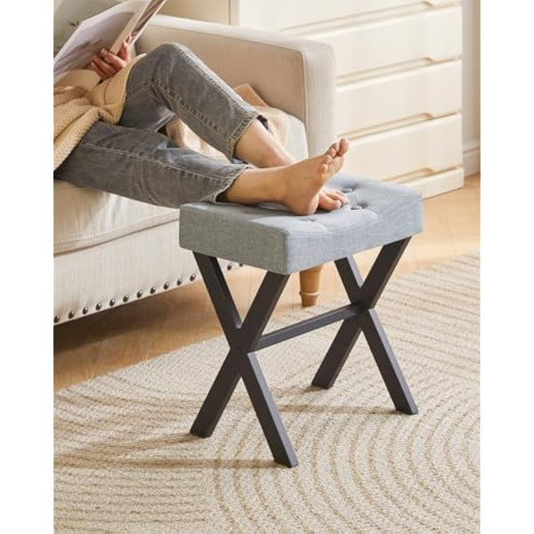 IBUYKE U-shaped Linen Vanity Stool, Square Makeup Stool with X-Leg, Ottoman Seat Footrest Stool, Multi-Use as Small Side Table, for Bedroom, Living Room, Blue Gray WBD018L