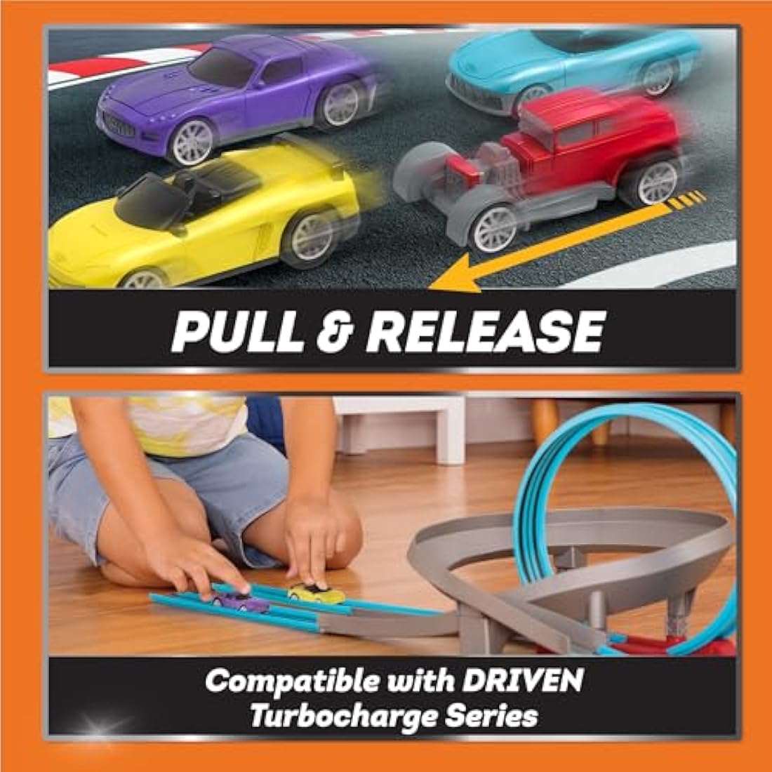 DRIVEN by Battat - Pull-Back 4 Pack Turbocharge Series Set with 4 Car Toys and Race Track Accessories for Girls and Boys, Age 3+