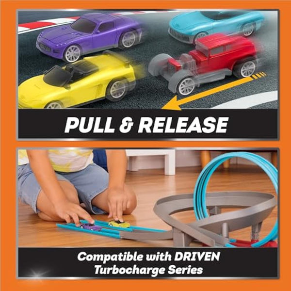 DRIVEN by Battat - Pull-Back 4 Pack Turbocharge Series Set with 4 Car Toys and Race Track Accessories for Girls and Boys, Age 3+