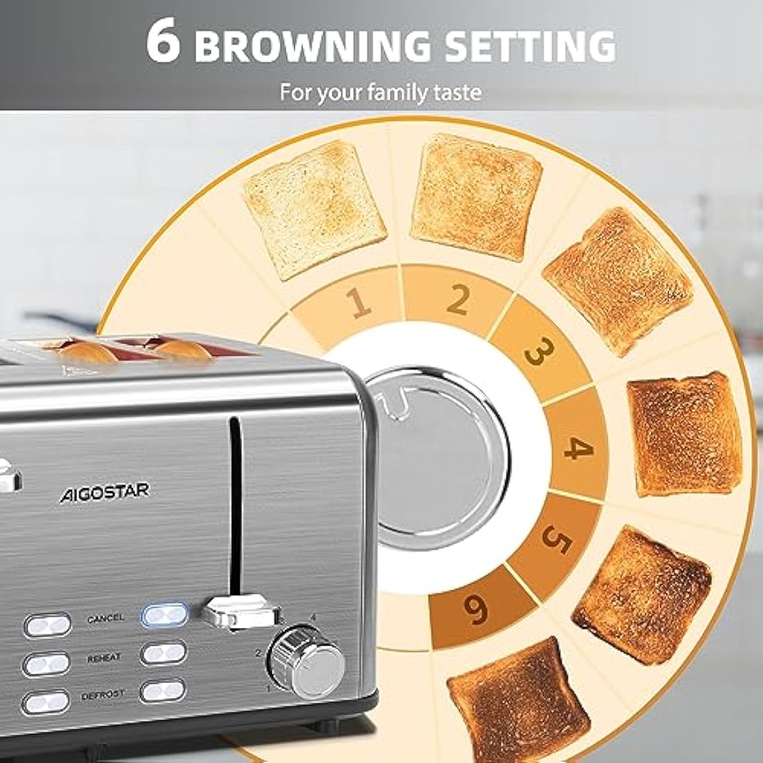 Aigostar Toaster 4 Slice Stainless Steel Toaster with Independent and Extra-Wide Slots, High Lifting, Defrost & Reheat Functions, Variable Browning Settings, Silver - Gordon 30ZGE