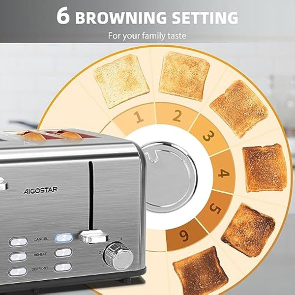 Aigostar Toaster 4 Slice Stainless Steel Toaster with Independent and Extra-Wide Slots, High Lifting, Defrost & Reheat Functions, Variable Browning Settings, Silver - Gordon 30ZGE