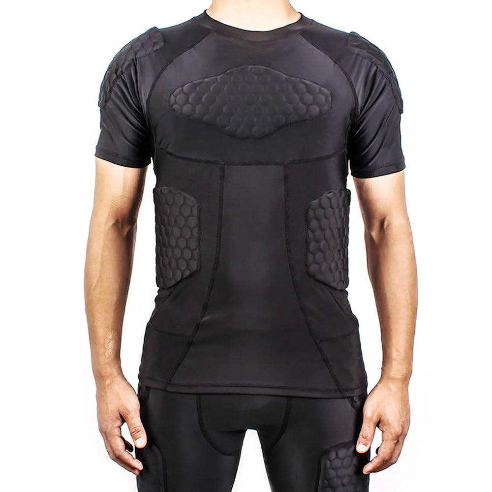 DGYAO Padded Comprssion T Shirt, Mens Rugby Safe Guard Top for Chest Rib Shoulder Protector Small