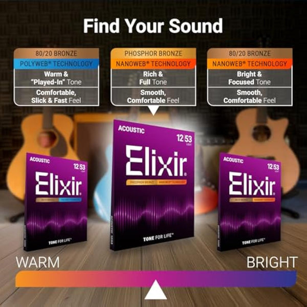 Elixir 16002 Strings Phosphor Bronze Acoustic Guitar Strings w NANOWEB Coating, Extra Light (.010-.047)