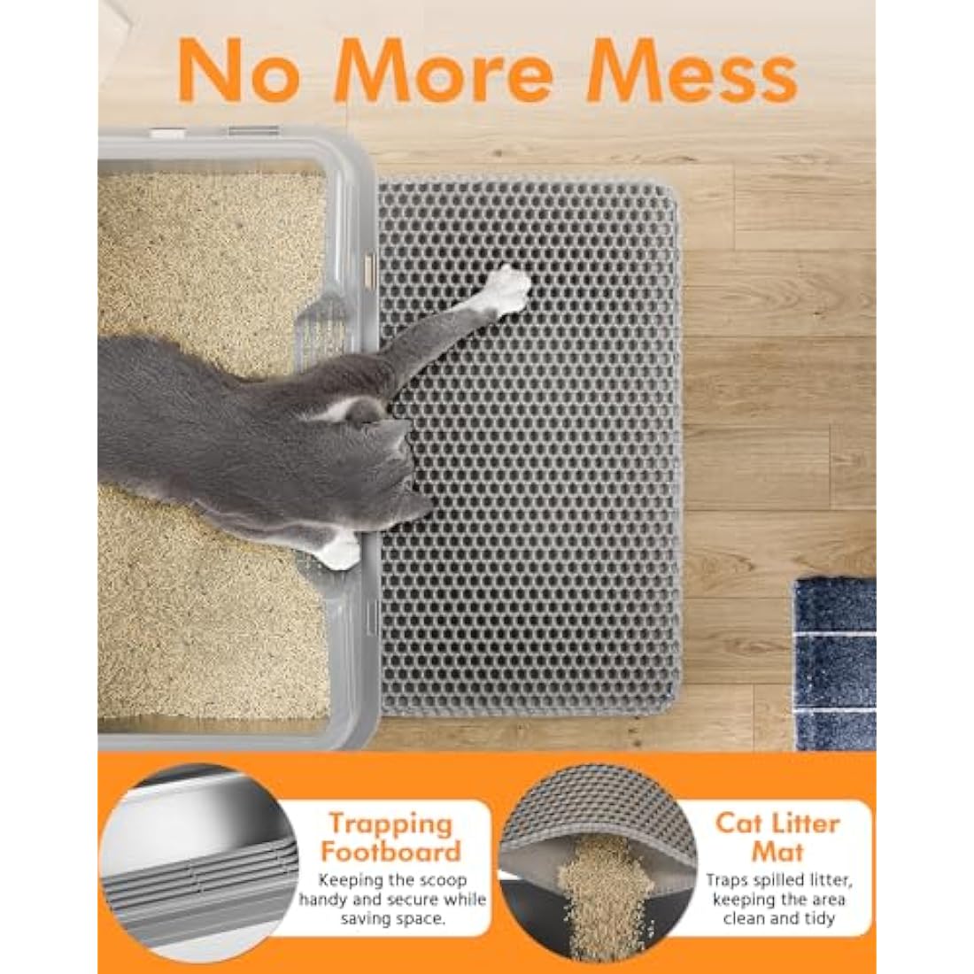 Papettly Extra Large Stainless Steel Litter Box, 36L Cat Litter Tray with Splash-Proof Lid, Easy Cleaning Odor-Less XL Cat Litter Tray with Double Layer Litter Mat, Litter Scoop, Brush, 60x40x31CM