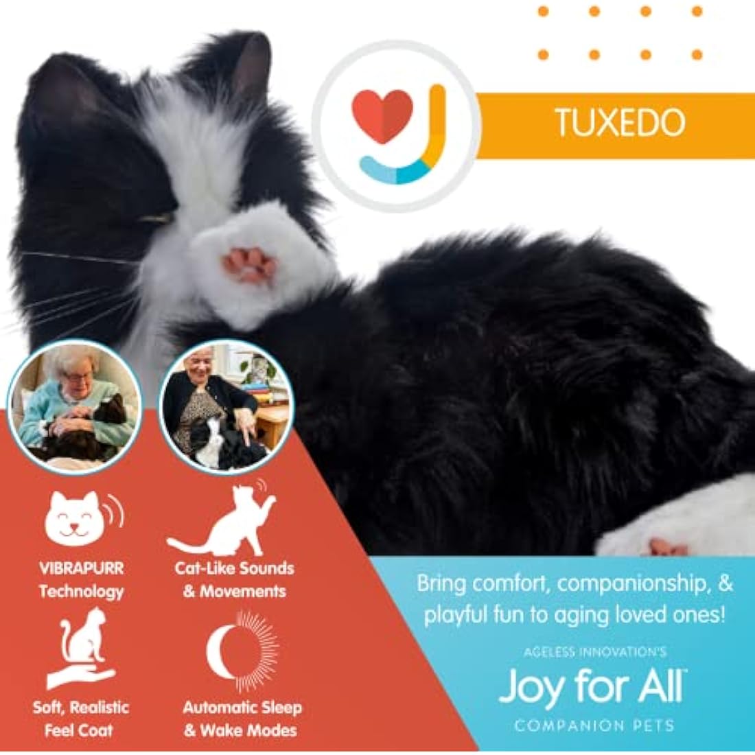Ageless Innovation Joy For All Interactive Pet Cat - Lifelike & Realistic Companion with Soft Fur and Soothing Purrs, No Assembly Required - Black & White Tuxedo