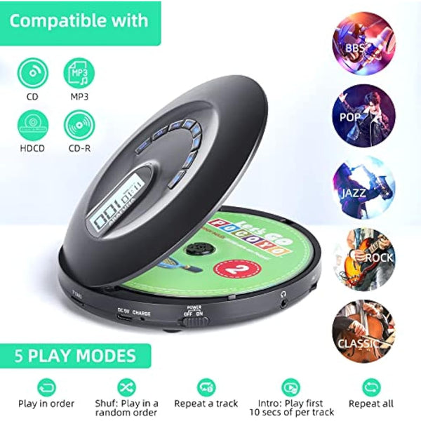 ARAFUNA CD Player Portable, Rechargeable Portable CD Player for Car and Travel, Small Player CD with Headphone and Anti-Skip, Personal Player with LCD Display, AUX Cable, Backlight