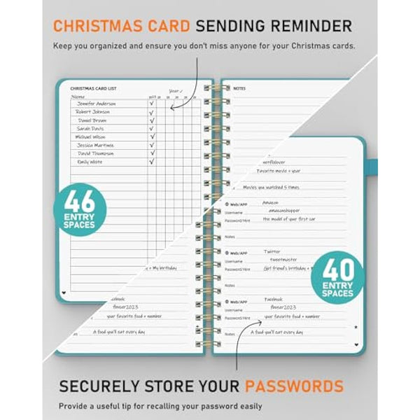 WEMATE Spiral Address Book with Alphabetical Tabs, Leather Password Book, Address Organizer Telephone Notebook Journal Keep Contact Safe Hardcover Large Print for Seniors Home Office 5.8″×8.2″, Green