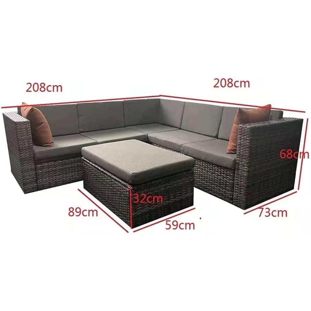 EVRE Monaco Rattan Garden Furniture Set 6 Piece Seat 5 Sofa 1 Ottoman Footstool Outdoor Wicker Weave Lounge Sofa and Glass Top Table with Cushions (Grey)