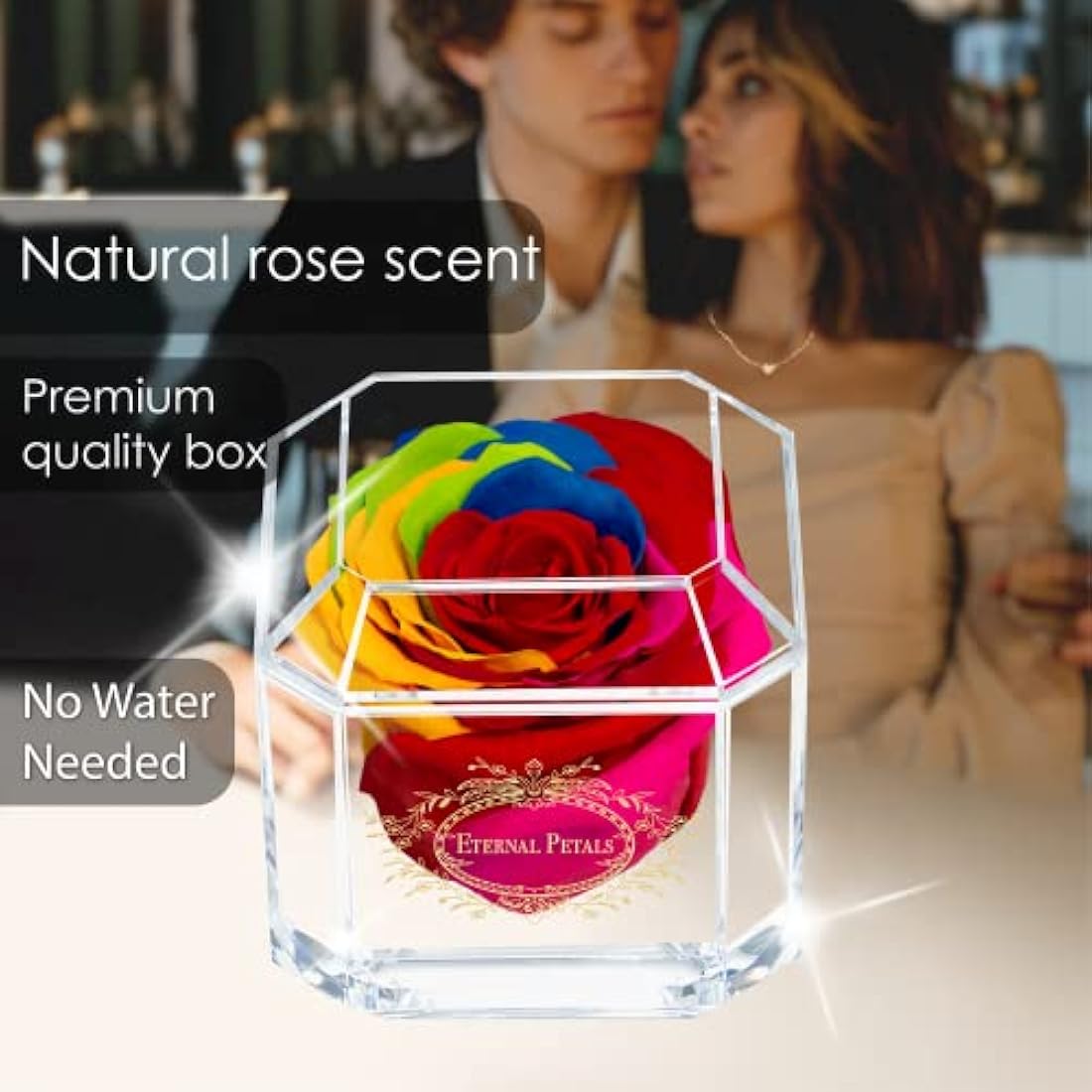 Eternal Petals A 100% Real Rose That Lasts Years, Handmade in London – Gold Solo (Rainbow)