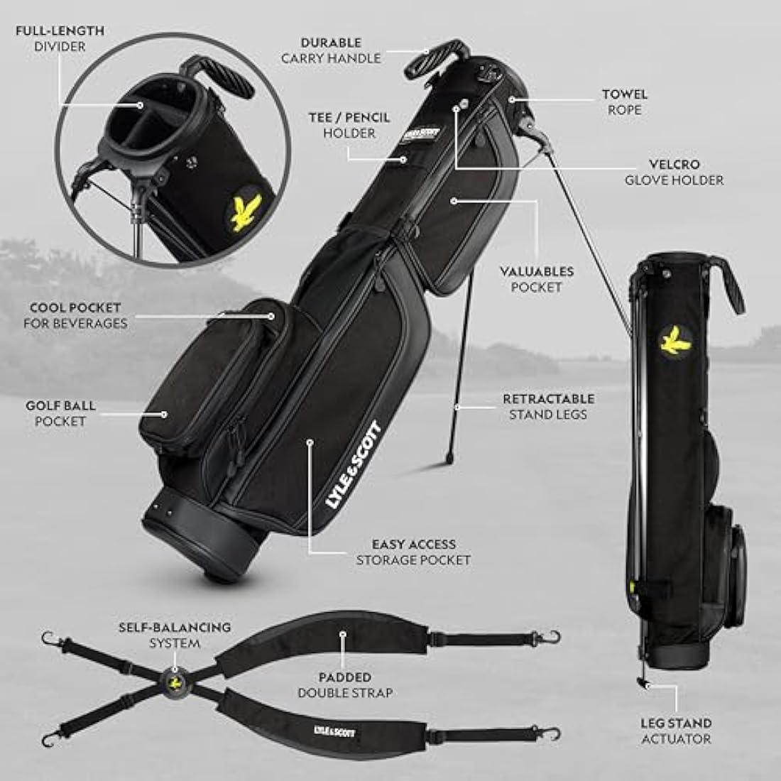 Lyle and Scott Gleneagle Golf Bag - Lightweight Golf Bags for Men with 3 Way Full Length Divider, Insulated Cool Pocket, Durable Handle, Retractable Stand, Padded Strap - Golf Stand Bag