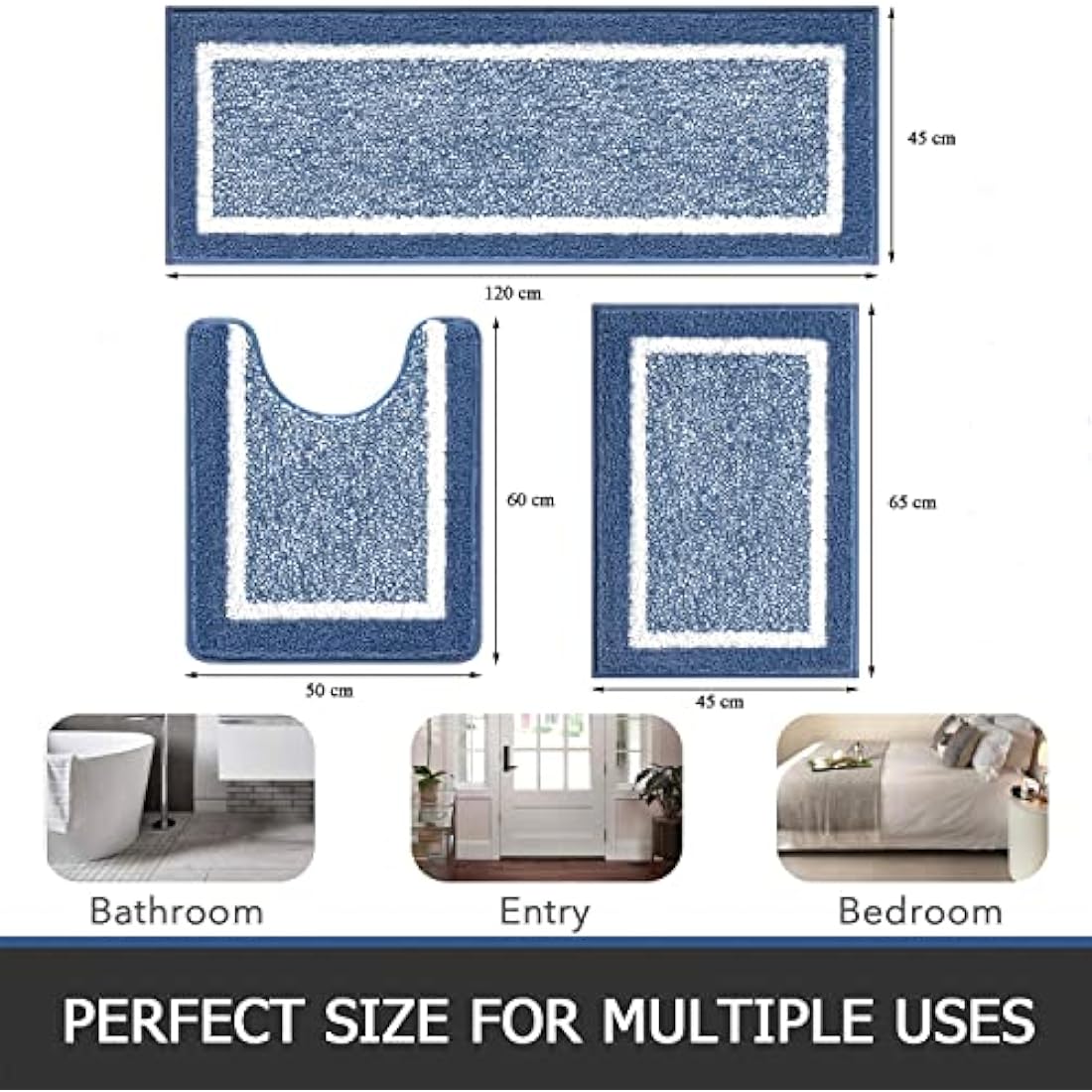 Pauwer Fluffy Bath Mat Sets 3 Piece Washable, Microfiber Non Slip Washable Bath and Pedestal Mat Sets Water Absorbent Bathroom Floor Carpet Rug Shower Rug, Blue