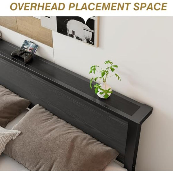 DUMEE King Size Bed Frame with Wooden Storage Headboard, Metal Bed Frame King Size Bed Base/Mattress Foundation, Enhanced Support Noise Free, Black