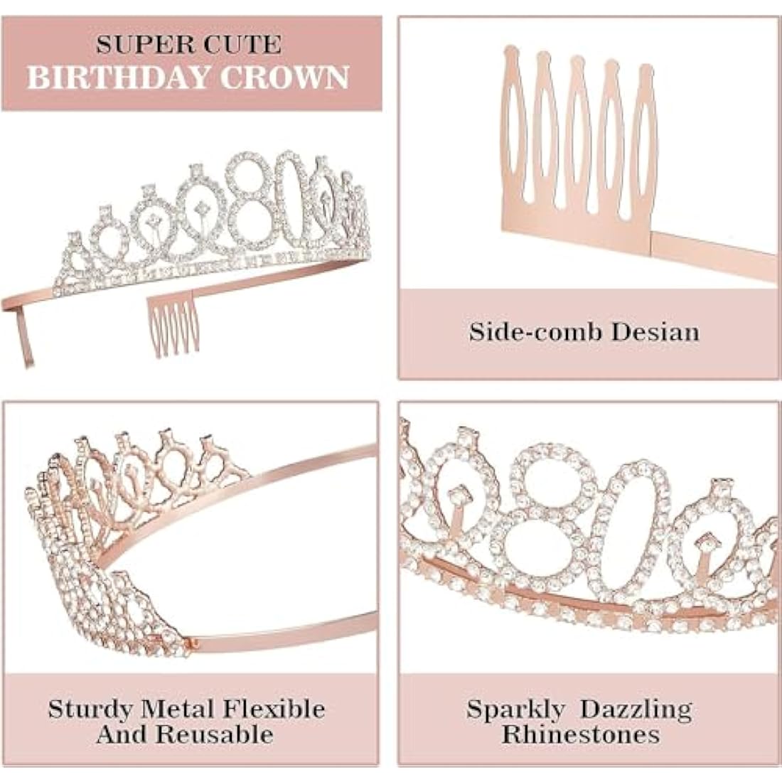 Amosking 80th Birthday Decorations for Women, Including 80th Birthday Sash and Tiara, Cake Topper and Candles, Rose Gold Number Balloons, 80 Year Old Gifts for Women