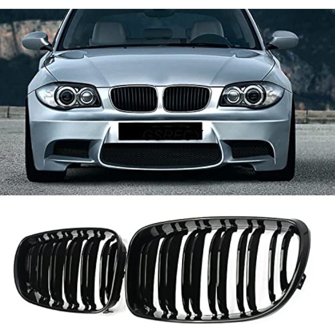 GSRECY Gloss Black Dual Slat Front Bumper Sport Kidney Grill Grille Compatible with BMW 2007-2013 1 Series E81 E82 E87 E88 Lci