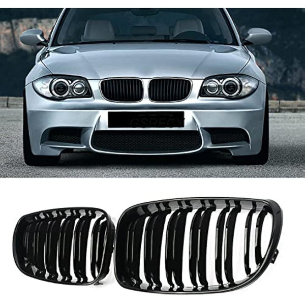 GSRECY Gloss Black Dual Slat Front Bumper Sport Kidney Grill Grille Compatible with BMW 2007-2013 1 Series E81 E82 E87 E88 Lci