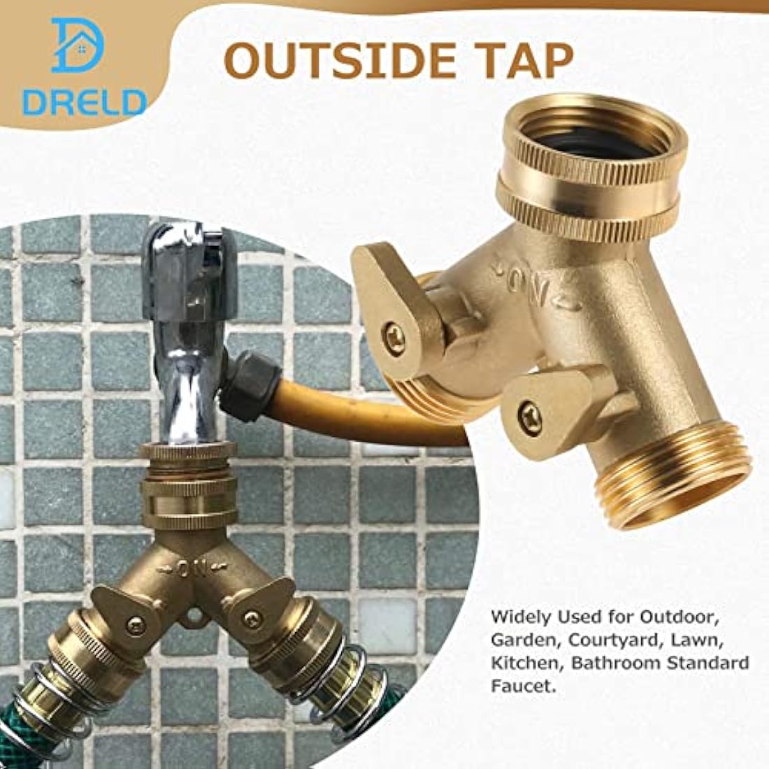 DRELD 3/4" Tap Y Splitter, Brass Tap Manifold 2 Way Garden Hose Connector Adapter with Valves and Rubbers for Outdoor, Garden, Courtyard, Lawn, Kitchen, Bathroom Standard Faucet (3/4 Y Tap)