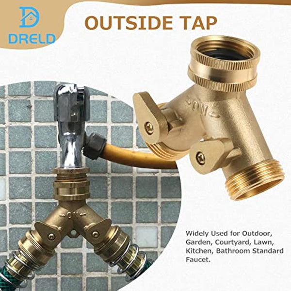 DRELD 3/4" Tap Y Splitter, Brass Tap Manifold 2 Way Garden Hose Connector Adapter with Valves and Rubbers for Outdoor, Garden, Courtyard, Lawn, Kitchen, Bathroom Standard Faucet (3/4 Y Tap)