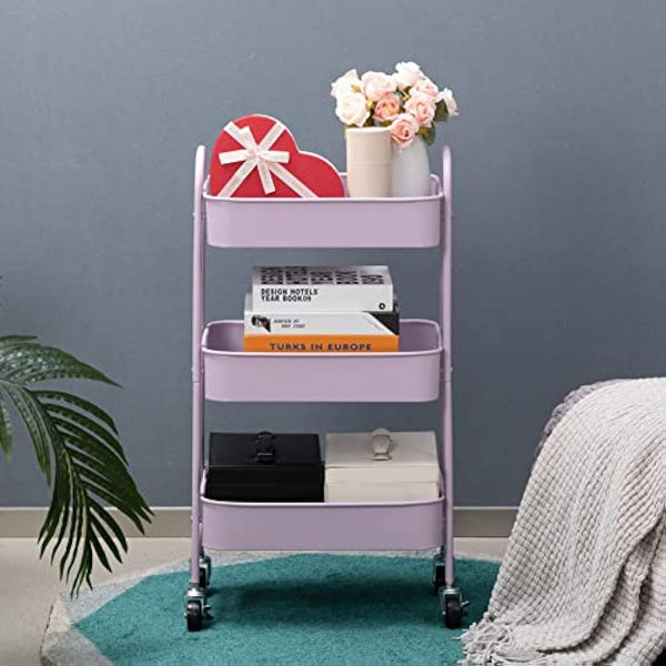 DOEWORKS 3-Tier Storage Cart Rolling Trolley Cart, Metal Utility Shelves with Wheels for Kitchen Makeup Bathroom Office, Light Purple
