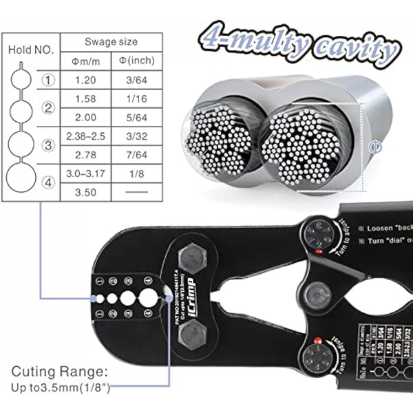 iCrimp Hand Swage Wire Rope Crimping Tool, Compatible with Aluminum Duplex Hourglass Sleeves and Copper Duplex Sleeves, Built-in Cable Cutter for 1.2mm to 3.5mm Wire Rope