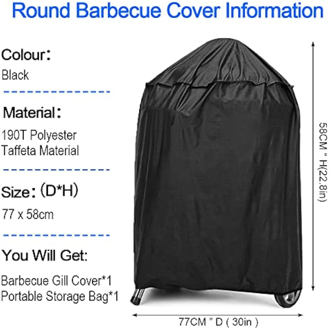 JTDEAL Kettle BBQ Cover Round Barbecue Cover Waterproof Heavy Duty BBQ Cover Windproof Grill Cover Outdoor BBQ Grill Cover with Drawstring and Storage Bag for Weber, Brinkmann,Char Broil (58x77cm)