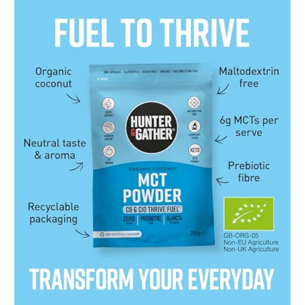 Hunter & Gather Thrive Fuel C8/C10 MCT Powder 250g | Triple Steam Distilled 100% Organic Certified Coconut | Keto, Low Carb & Paleo | Sugar, Gluten & Seed Oil Free