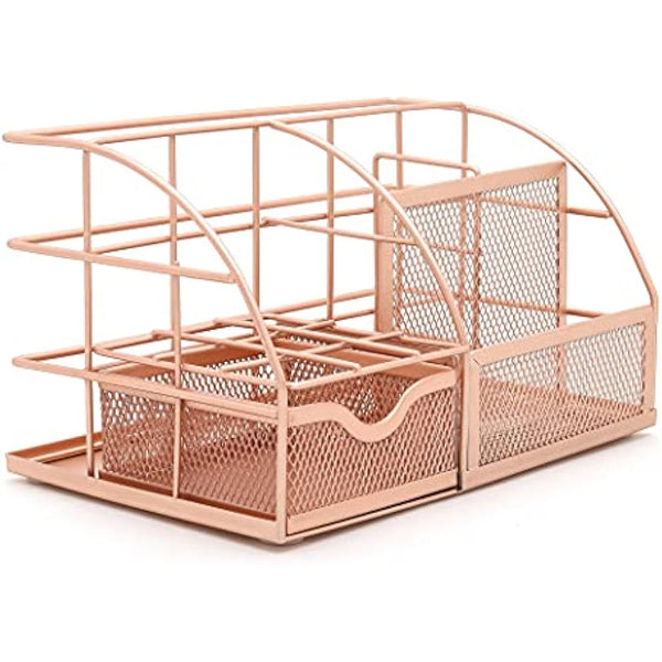 EXERZ Desk Organiser/Mesh Desk Tidy Caddy/Pencil Holder Multifunctional with 7 Compartments - Rose Gold