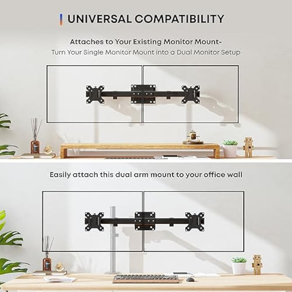 Dual Monitor Wall Mount, Single to Double VESA Adapter for 2 Displays 13 to 27 inch, Horizontal Assembly Max. 10kg, VESA 75x75/100x100mm
