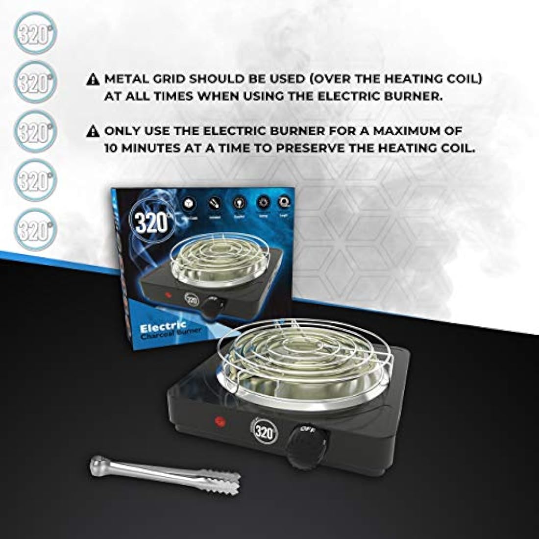 320º Electric Charcoal Burner for Coconut Coal Coil Stove - FULL WARRANTY - Includes Grid & Tongs - 1.4m extra long braided cable