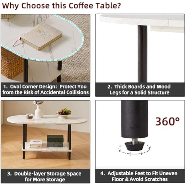 Aibiju Coffee Table, Small Living Room Table, Sofa Table with Wooden Legs and 2 Tier Storage for Living Room Home Office, 35x16x17inch White Faux Marble + Black, YD-011M