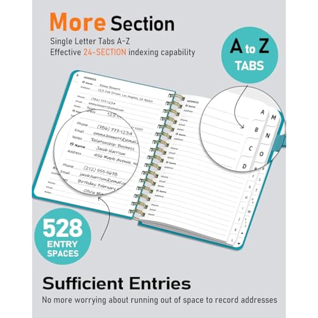 WEMATE Spiral Address Book with Alphabetical Tabs, Leather Password Book, Address Organizer Telephone Notebook Journal Keep Contact Safe Hardcover Large Print for Seniors Home Office 5.8″×8.2″, Green