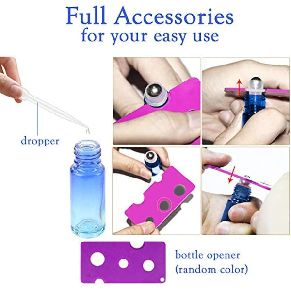 JamHooDirect 10Pcs, 5Ml Essential Oil Roll on Bottles Refillable Rainbow Glass Roller Bottles with Stainless Steel Roller Balls & Black Caps & Bottle Opener, Perfect for Aromatherapy, Fragrance