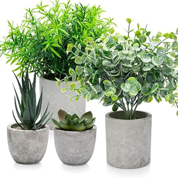 4 Set Artificial Plants Indoors in Pots, Plastic Fake Plants Potted, Eucalyptus, Rosemary, Small Succulents Faux Plants for Office Desk Bedroom Kitchen House Decoration