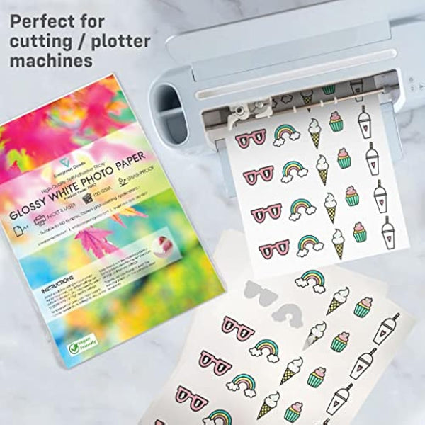 Evergreen Goods 50 Sheets A4 Glossy White Photo Sticker Paper Printable | Splashproof - Inkjet & Laser Printers | Ideal for Sticker Making - Make Your Own Stickers | Very Sticky Self-Adhesive