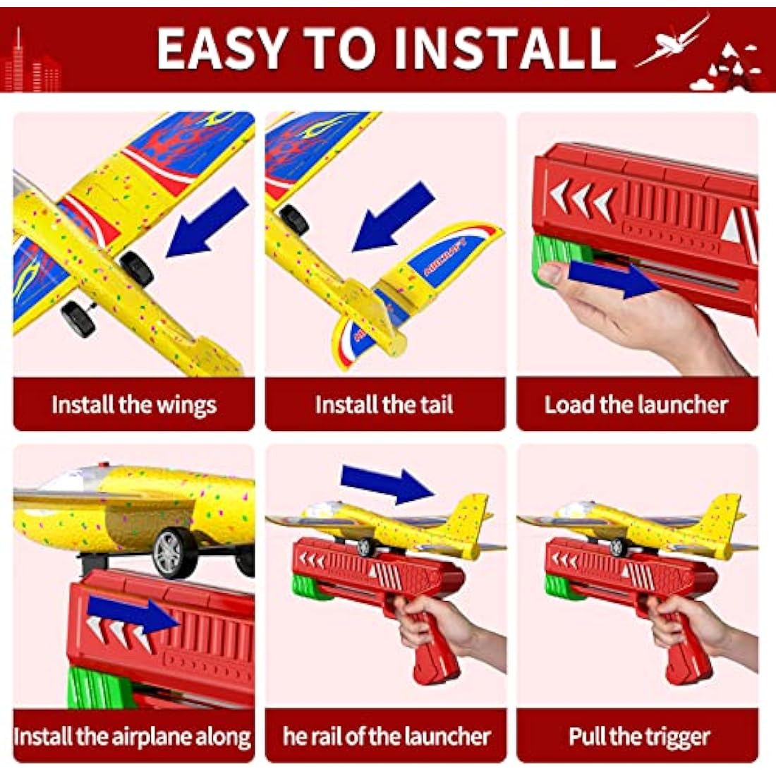 Doloowee 3 Pack Airplane Launcher Toys, 12.6 Inch LED Foam Glider Airplane Catapult, 2 Flight Modes, Outdoor Sports Flying Toys 4 5 6 7 8 9 10 11 12 Years Old Boys Girls Birthday Gifts (Red)