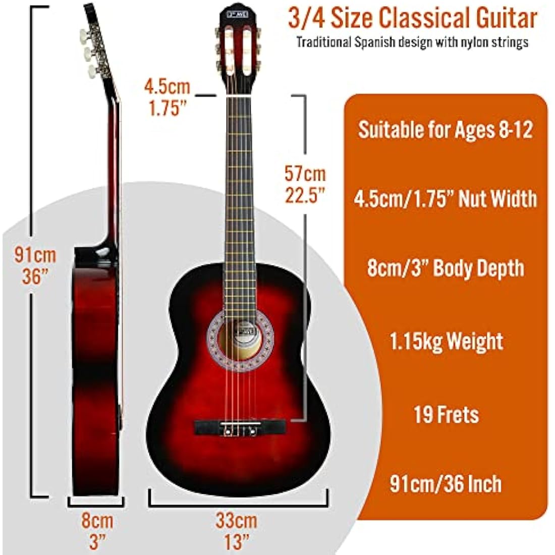 3rd Avenue 3/4 Size Kids Classical Guitar Spanish Nylon String Beginner Pack Bundle - 6 Months FREE Lessons, Bag, Strings – Red