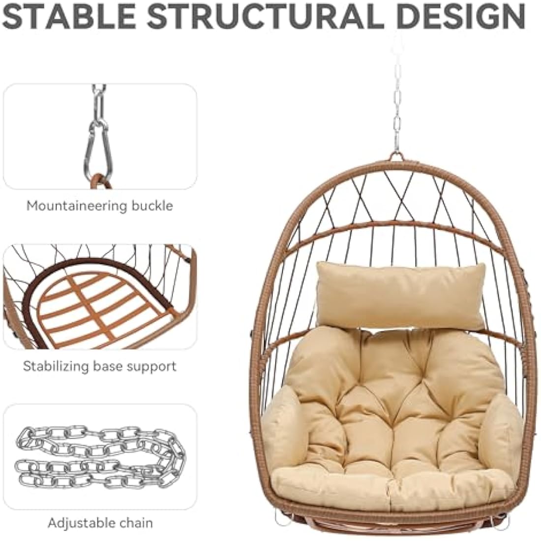 YITAHOME Rattan Egg Chair，Swing Egg Chair w/ Cushions，Sturdy Steel Frame，105x74x72 cm Hanging Egg Chair w/ a Chain & S Hook Patio，Garden，Living Room，Brown Egg Chair & Beige Cushion (FTPLPS-1010-E)