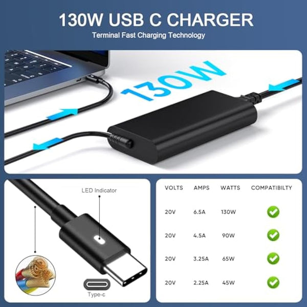 130W USB C Laptop Charger for Dell XPS 17 9700 9710 15 9500 9510 9520 9575 2in1 Precision 5550 5560 5570 3470 3560 3570 3561 3550 5530 2in1 Latitude 5520 5530 7410 7310 7210 9410 9510 Power Cord