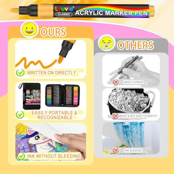 Lyuvie Acrylic Paint Pens Marker, 96 Colours Acrylic Markers for Rock Painting Fabric Glass Pebbles Stone Plastic Metal Wood Ceramic