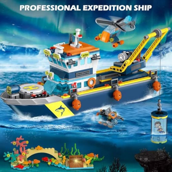 HOGOKIDS City Floatable Boat Building Set with LED Light - Fun Arctic Explorer Ship Building Block Set Ocean Exploration with Helicopter, Sub, Shark Cage Birthday Gift for 6+ Years Old Boys Girls Kids